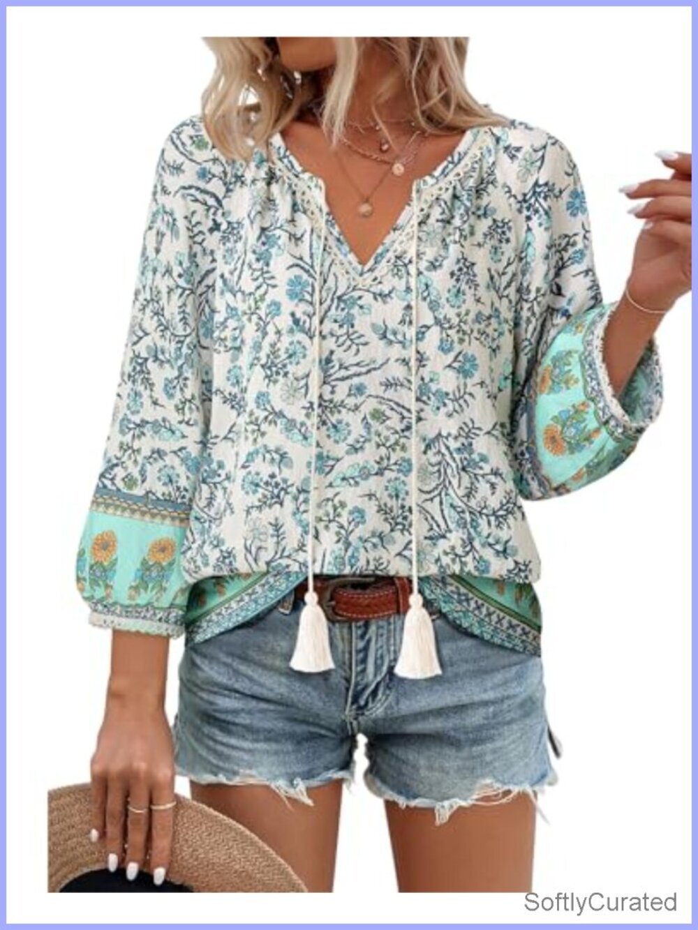 Boho V-Neck 3/4 Sleeve Floral Blouse Lantern Sleeve Tie Front